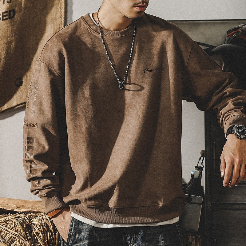 Men's suede-look crewneck sweatshirt, warm brown, long sleeves with ribbed cuffs