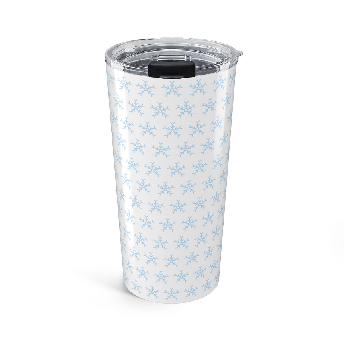 20oz insulated tumbler with light blue snowflake pattern and clear press-fit lid