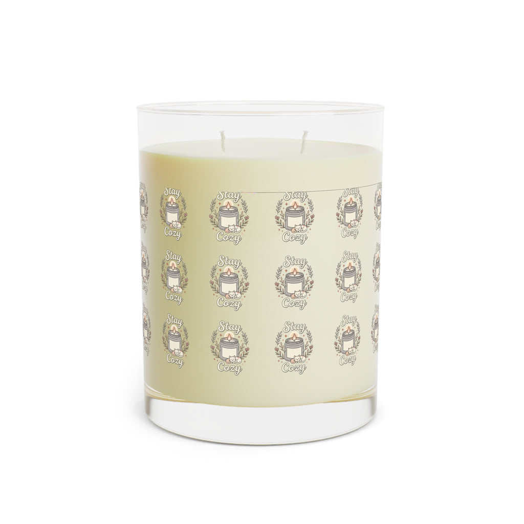 11oz scented candle in clear full glass, cream wax with repeating Cozy label pattern