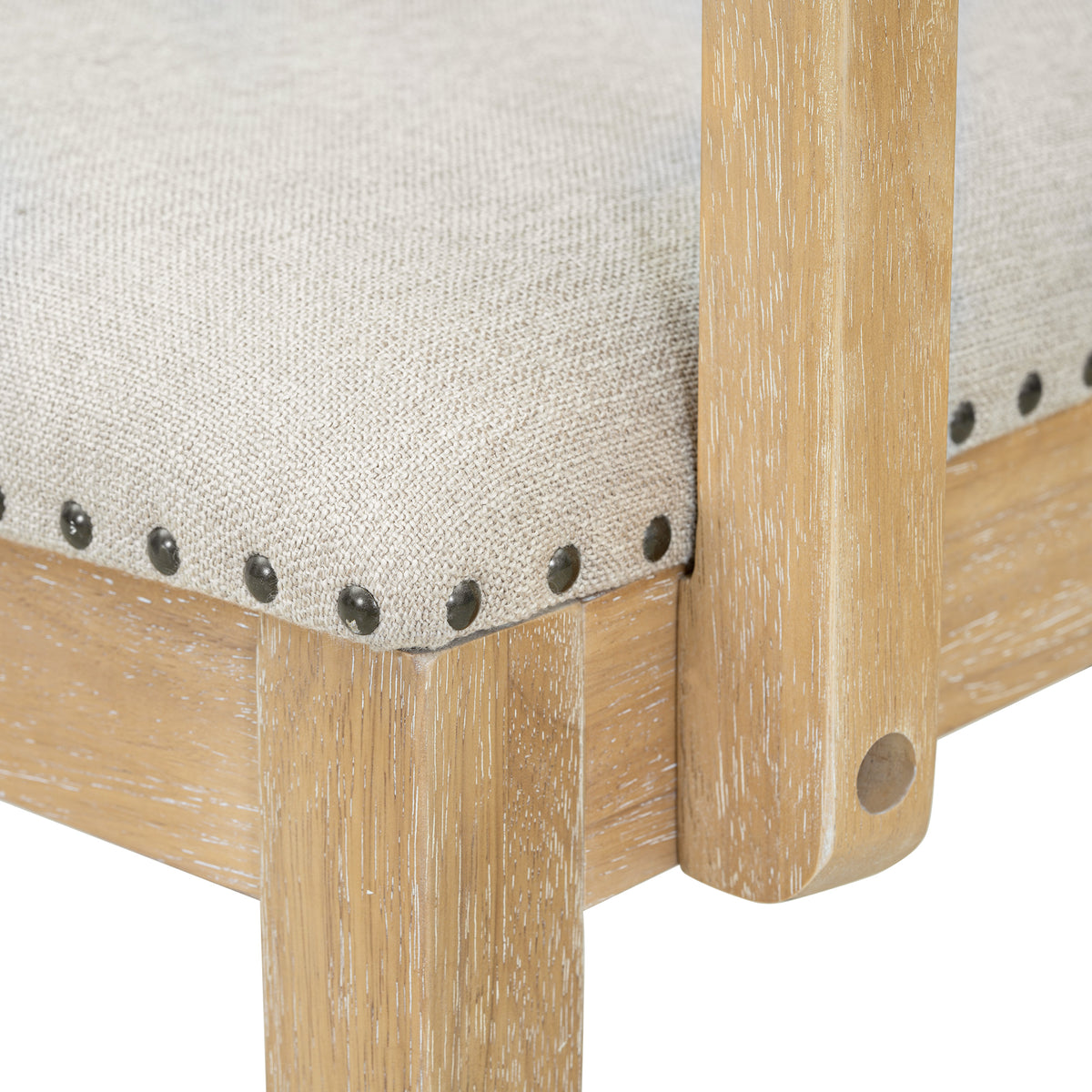 Dining chair seat and side panel in natural wood with studded upholstery trim