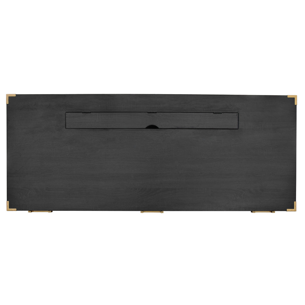 Black desk back panel with centered recessed rectangular pull handle