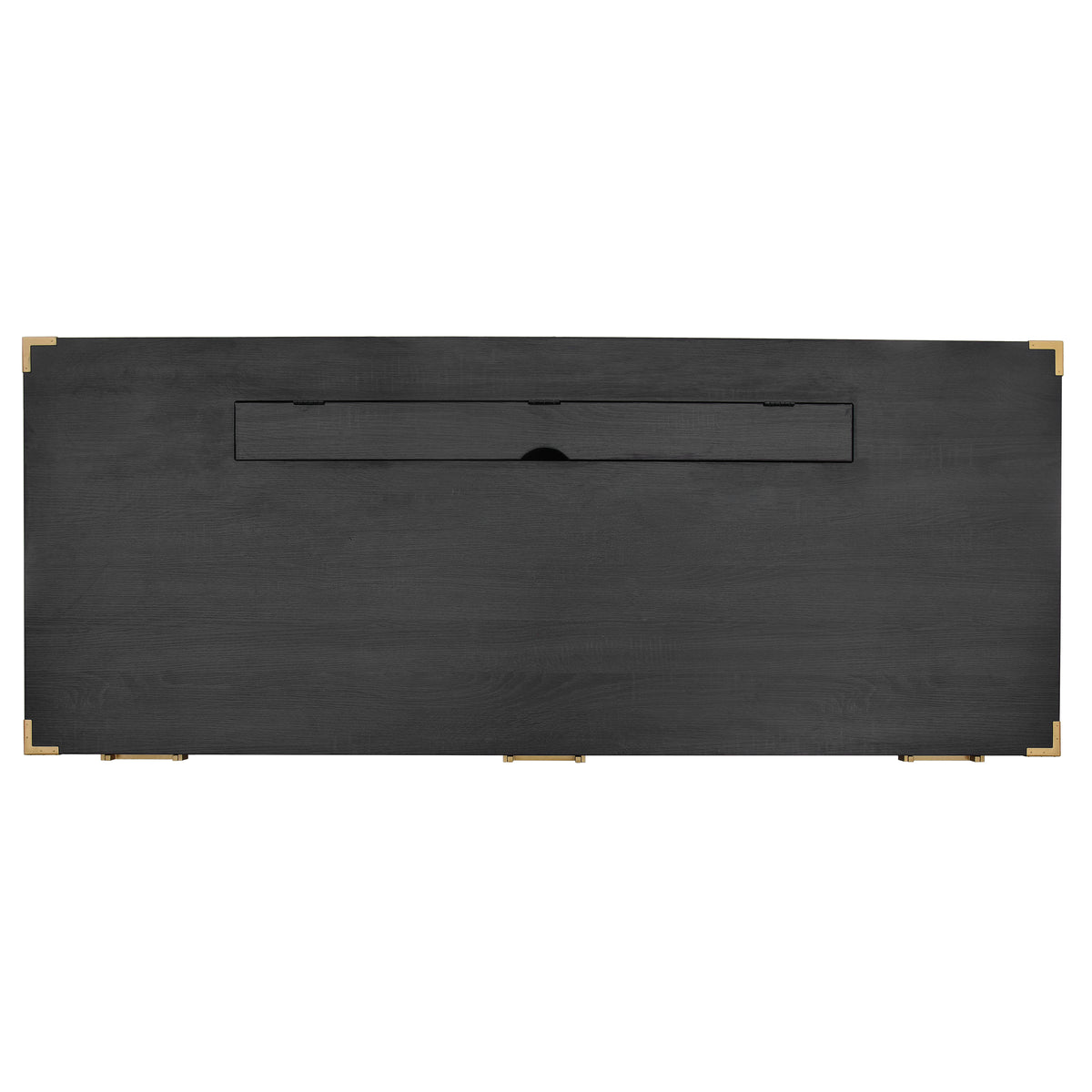 Black desk back panel with centered recessed rectangular pull handle