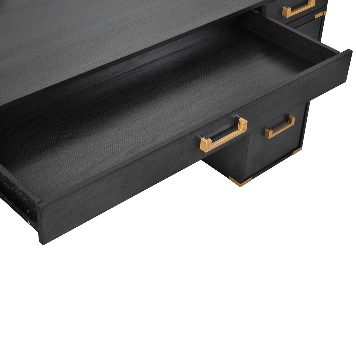 Black desk with open top storage compartment and gold-accented drawer fronts