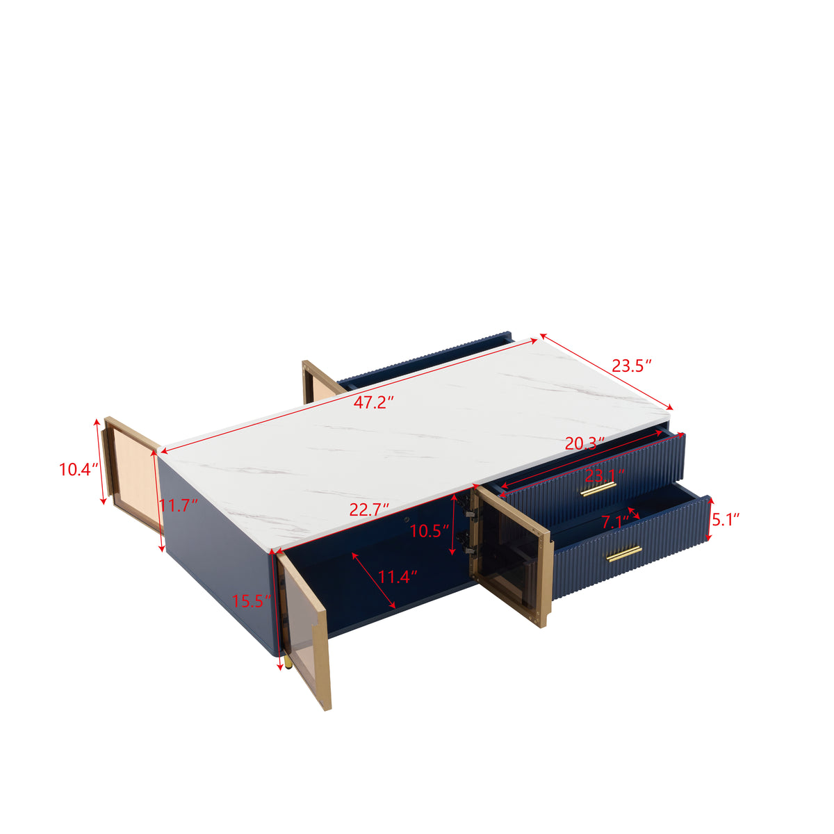 Coffee table side view with dimensions marked: 47.2 in length and glass-door storage