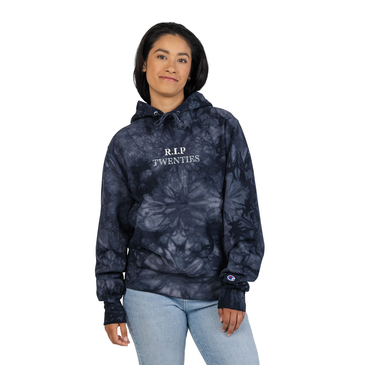 Navy tie-dye hoodie with embroidered "R.I.P TWENTIES" and Champion logo on sleeve cuff