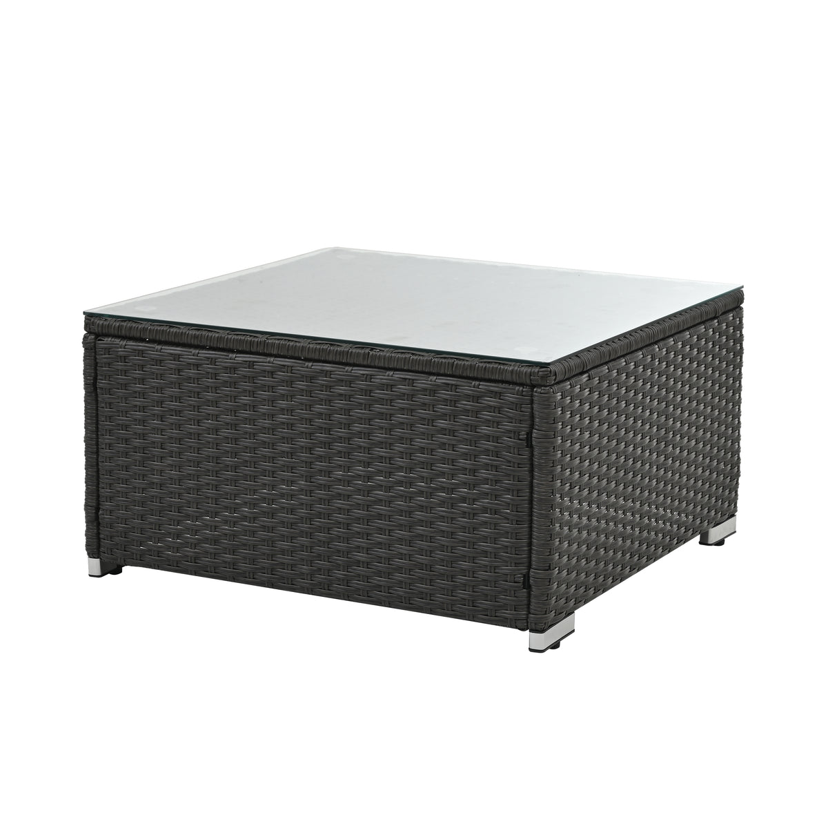 Dark gray woven outdoor coffee table ottoman with light gray top