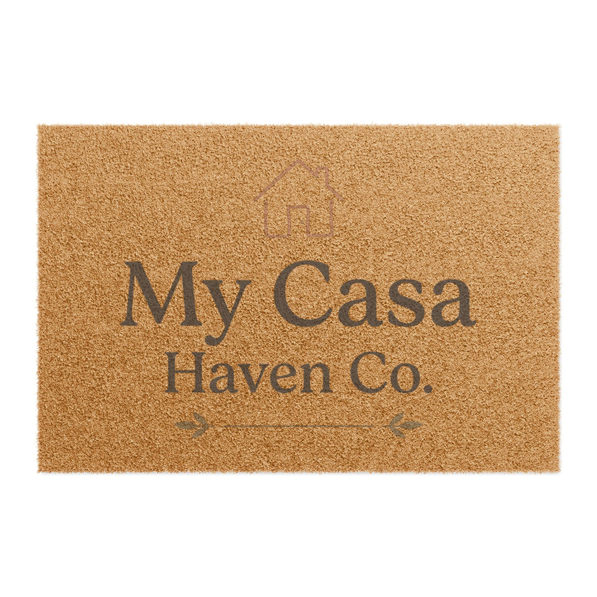 Tan coir doormat with 'My Casa Haven Co.' printed
