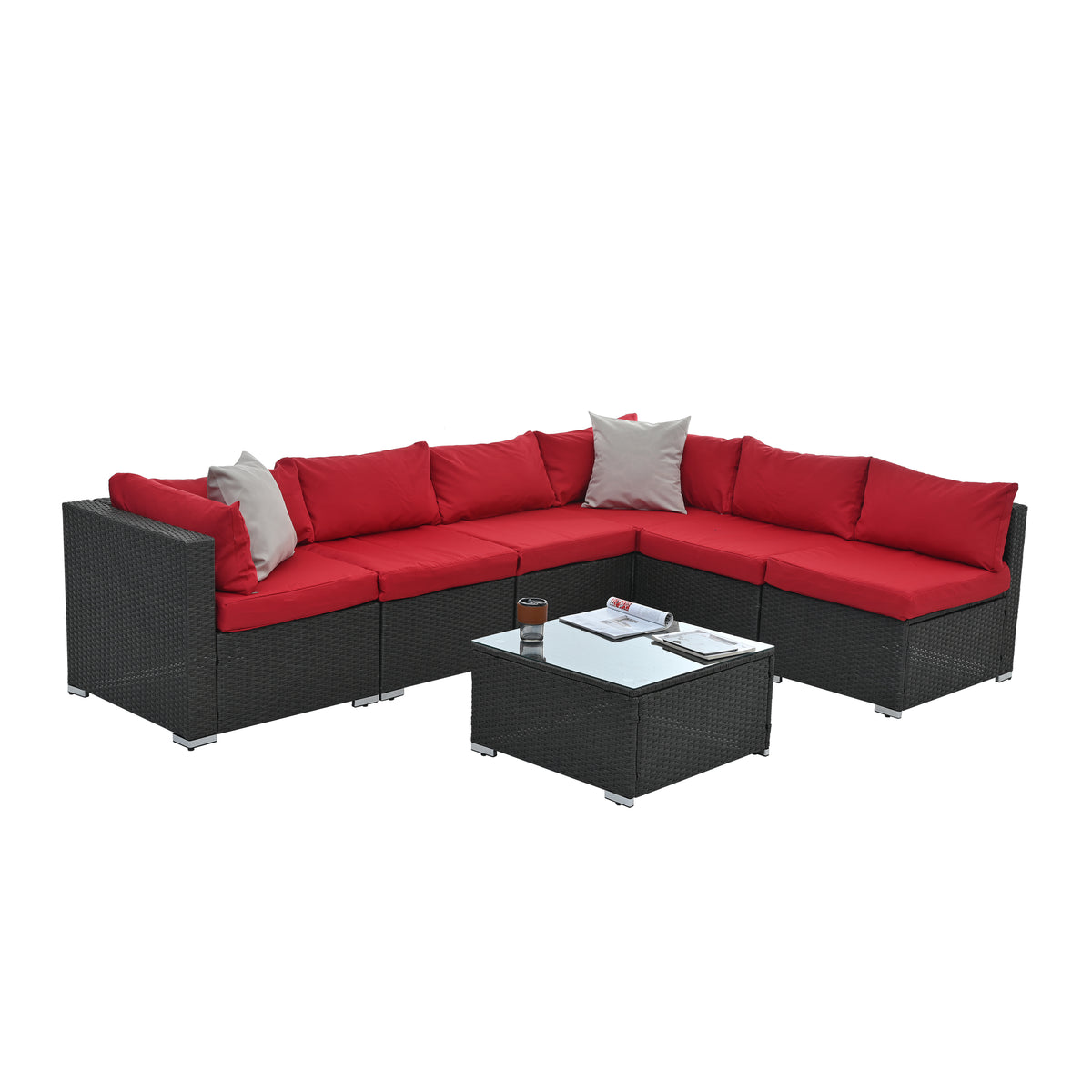 Dark gray woven outdoor corner sofa set with red cushions and center ottoman table
