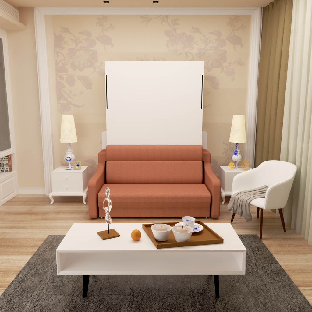 Full size vertical Murphy sofa bed folded out, showing orange-brown seat and white panel