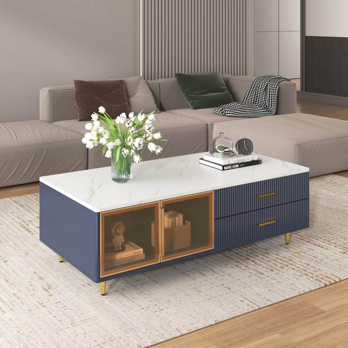 Navy coffee table with glass-door storage compartments and two drawer fronts