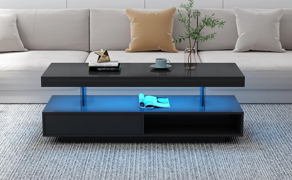 Black LED coffee table with blue LED-lit interior shelf and two drawers, clean modern lines