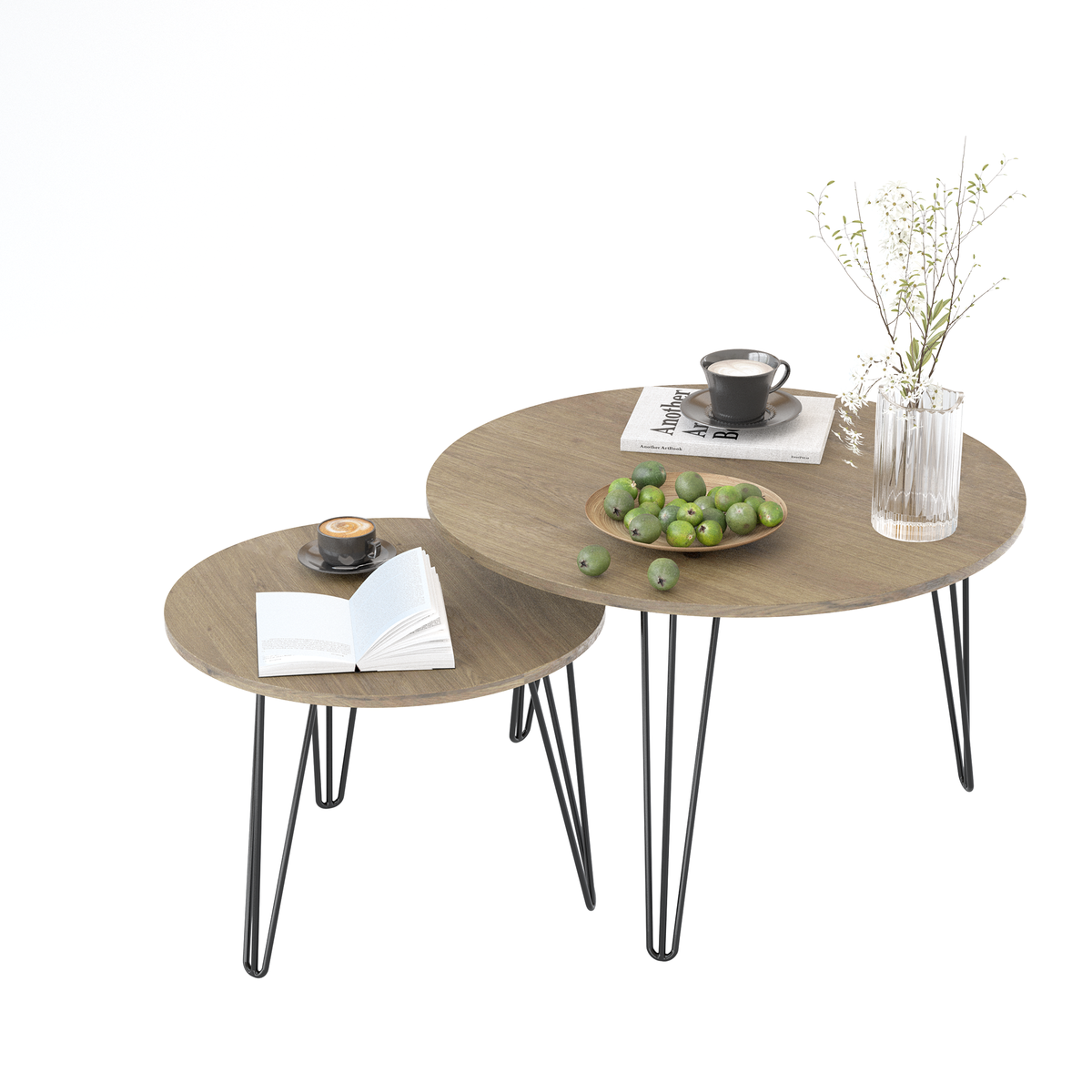 Round nesting coffee table set of 2 with dark wood-look tabletops and black metal legs