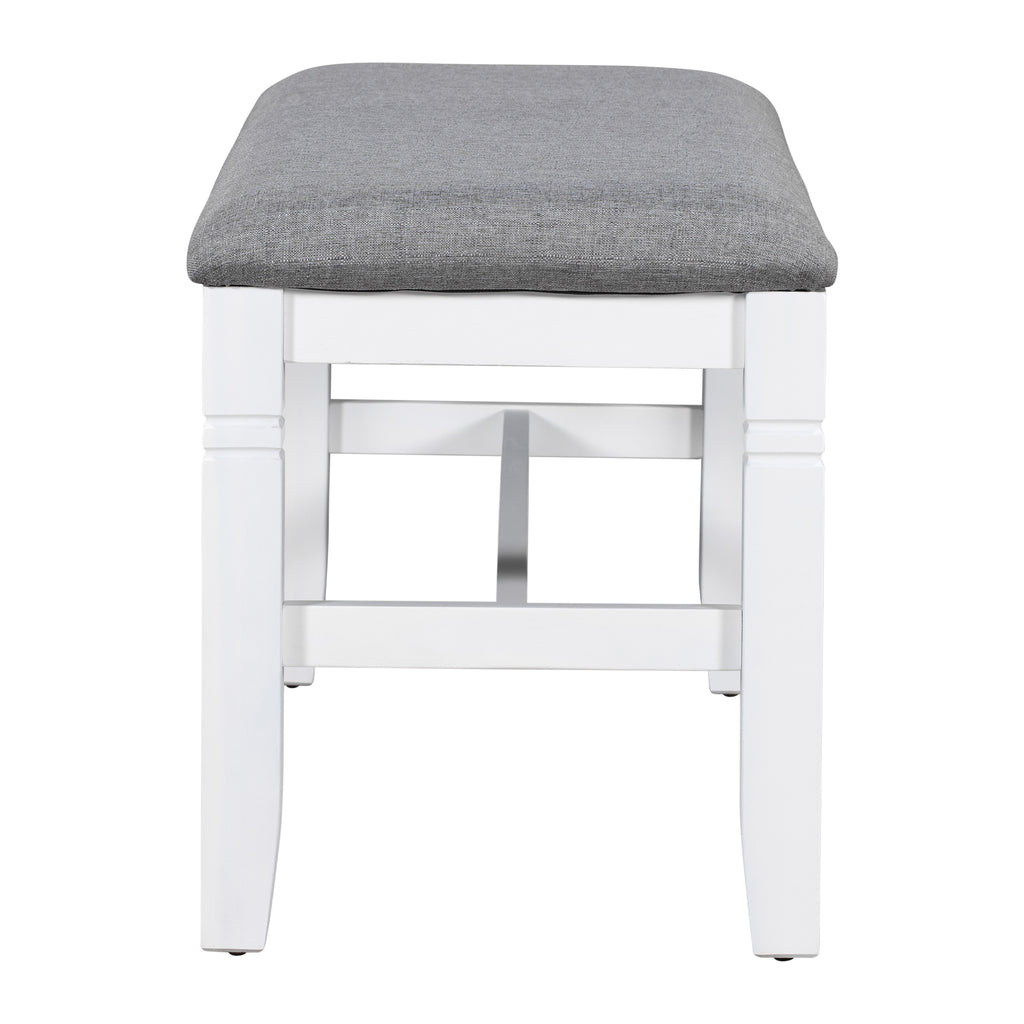 Upholstered bench with dark gray fabric top and white wooden frame