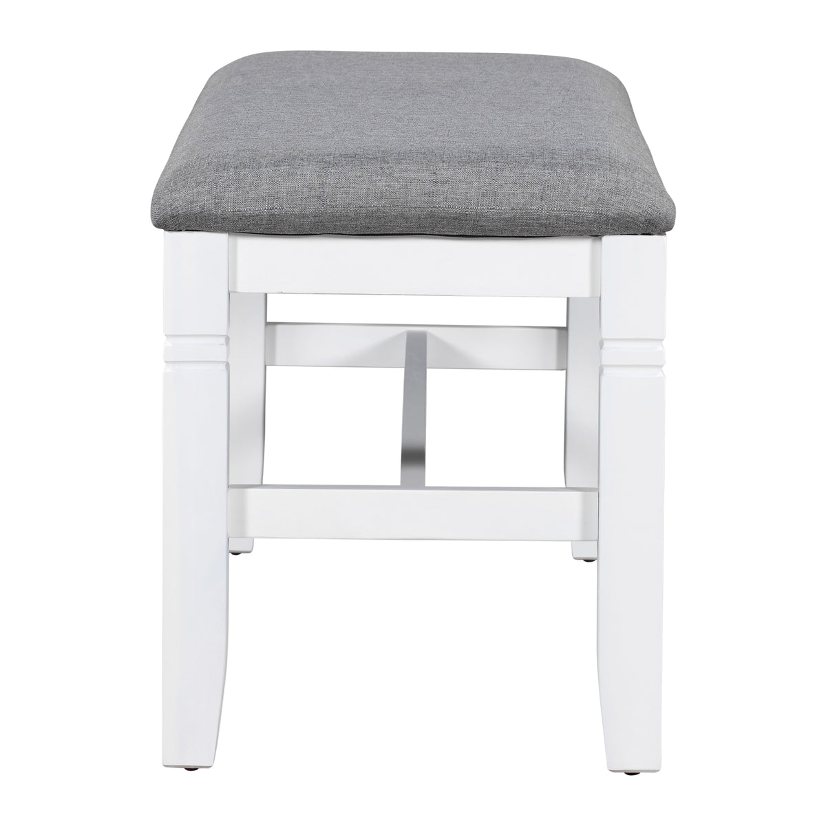 Upholstered bench with dark gray fabric top and white wooden frame
