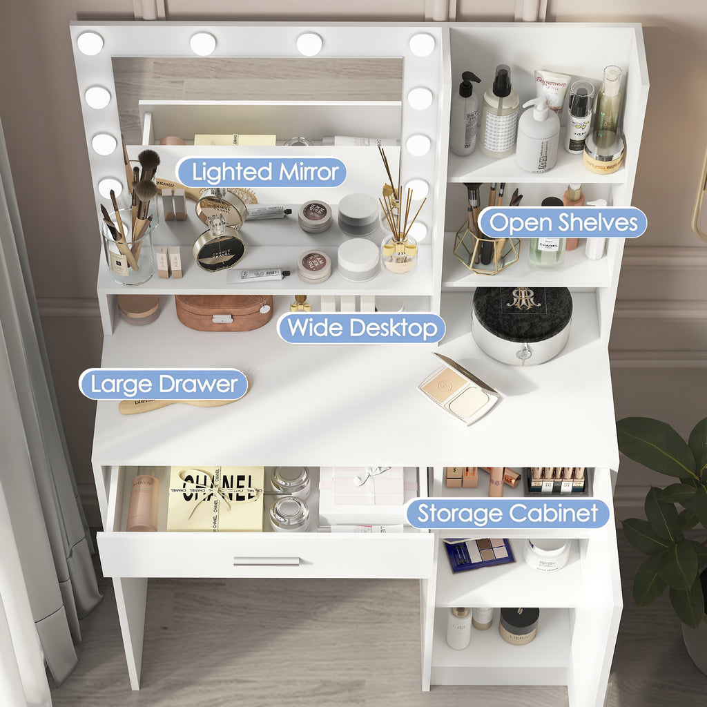 White makeup vanity desk with lighted mirror, wide desktop, and built-in storage