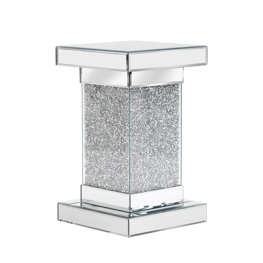 Square mirror coffee table with mirrored silver frame and sparkly glass side panels