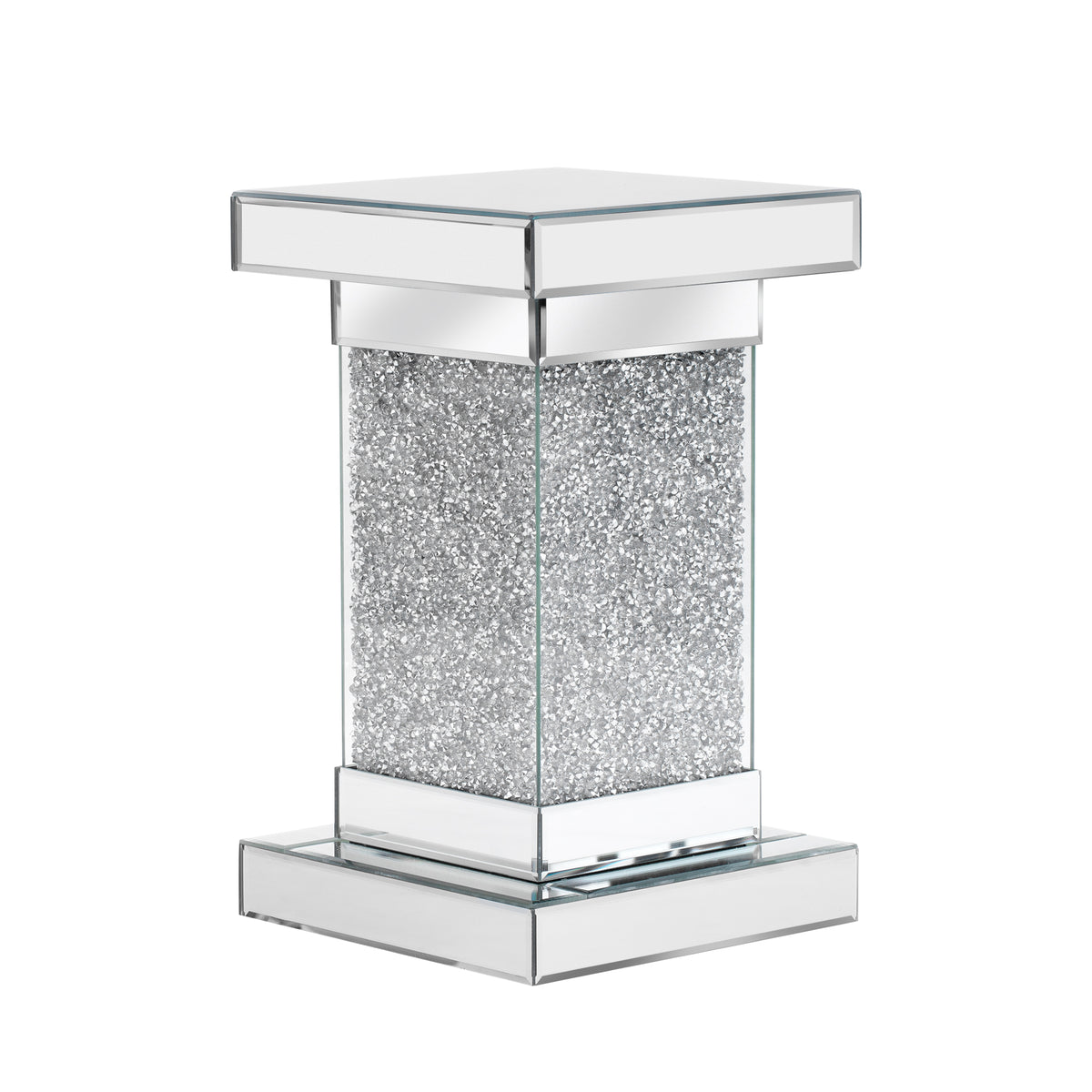 Square mirror coffee table with mirrored silver frame and sparkly glass side panels