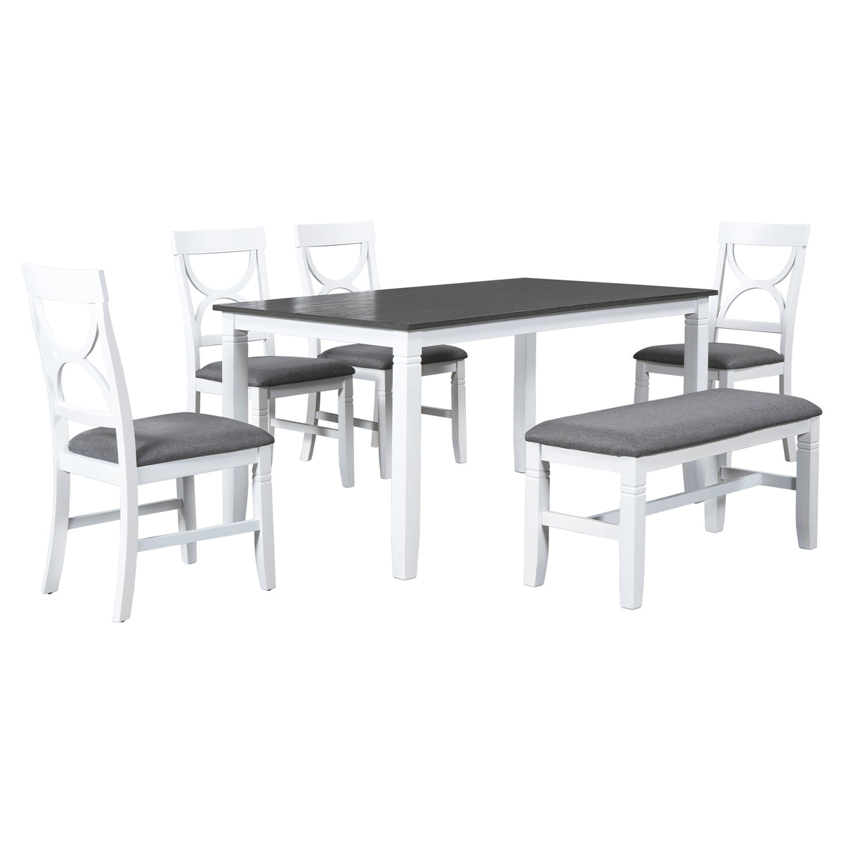 Two-tone dining table with four white chairs and gray cushioned seats
