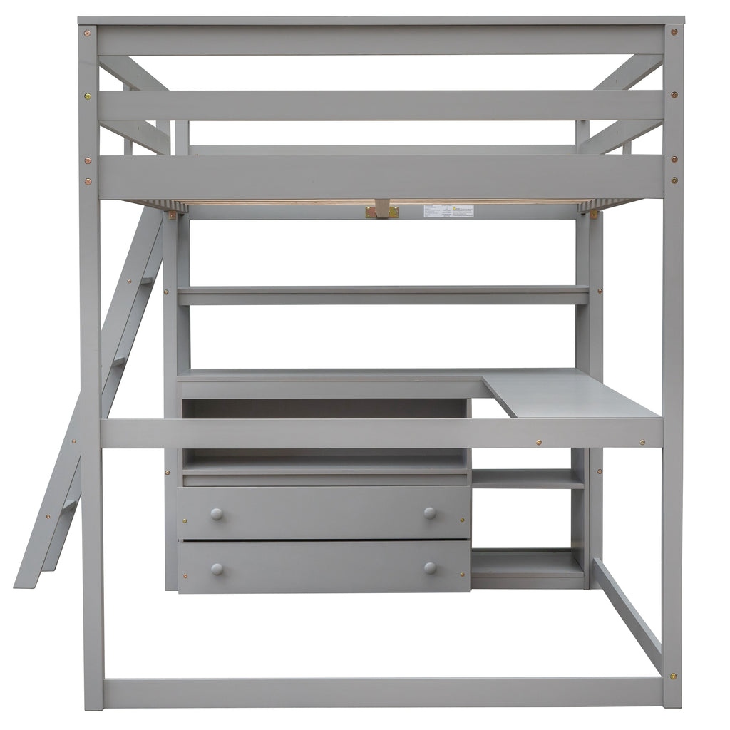 Gray loft bed with desk platform, open shelves, and two drawer fronts