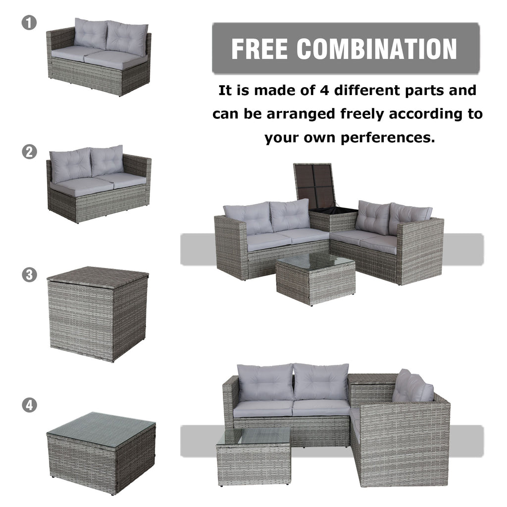 Outdoor sectional furniture set diagram with four modular pieces and sofa layouts