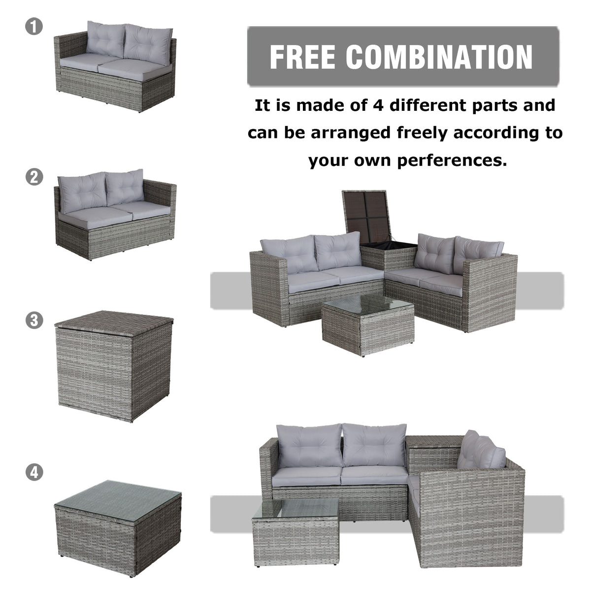 Outdoor sectional furniture set diagram with four modular pieces and sofa layouts