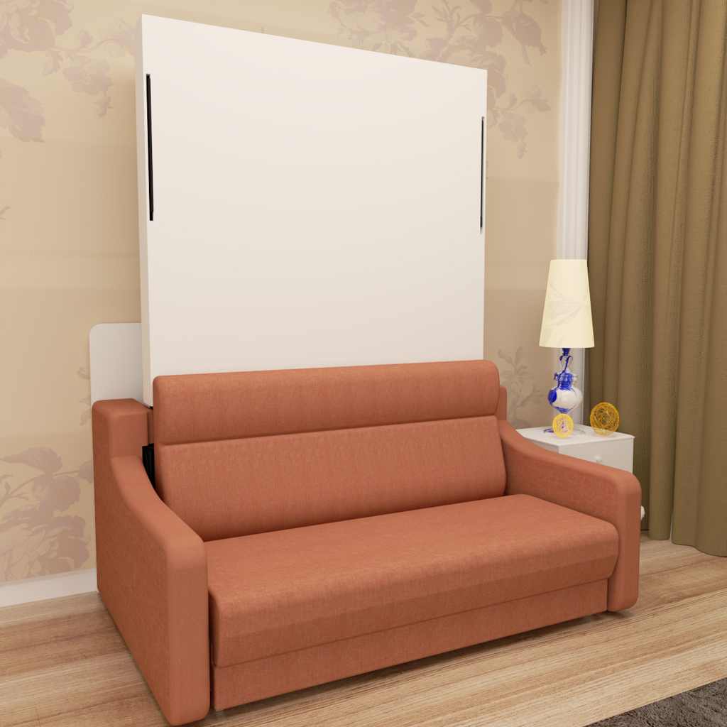Full size vertical Murphy sofa bed with white panel and orange-brown upholstered sofa frame