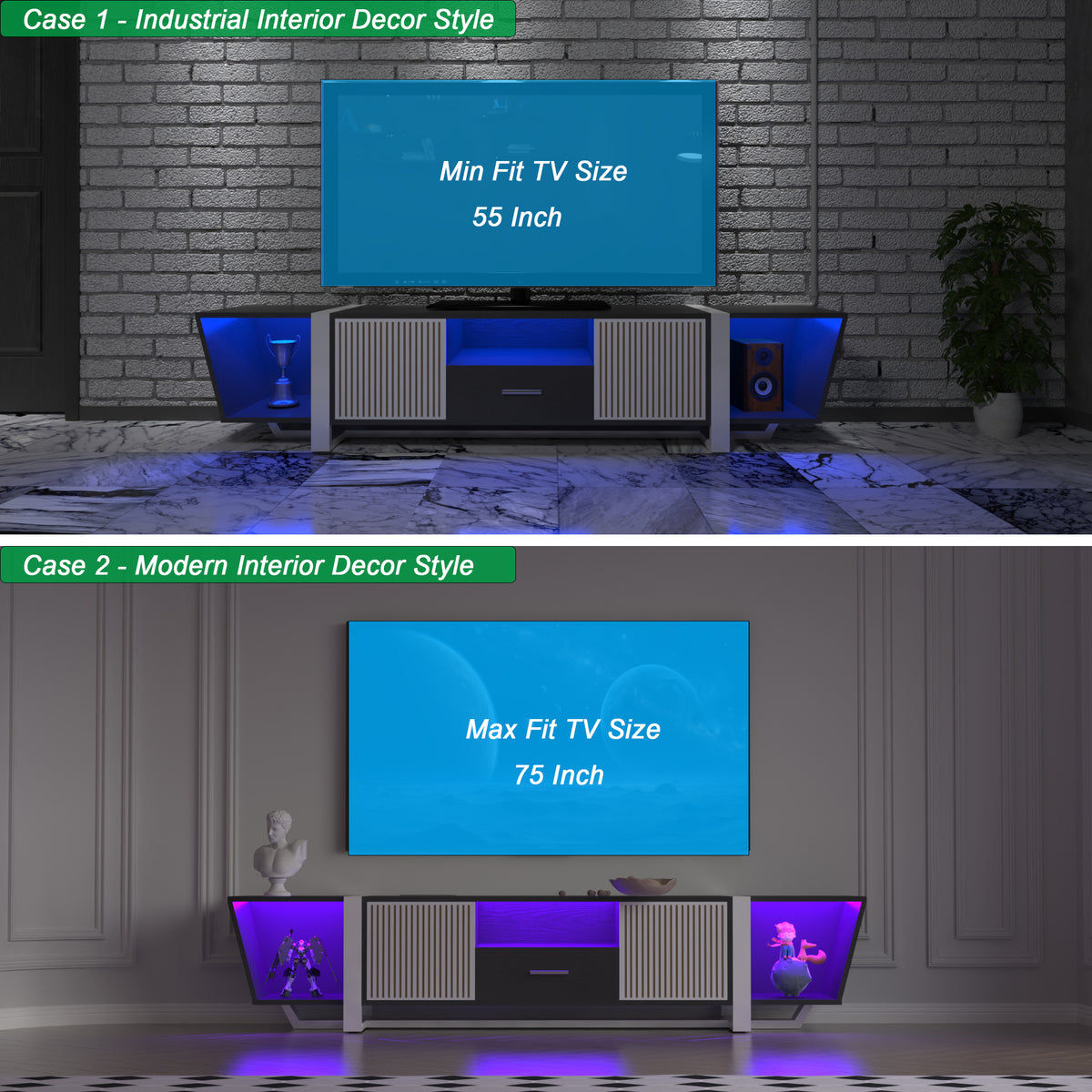 Black TV console with central cabinet and LED light strips, open shelves on both sides