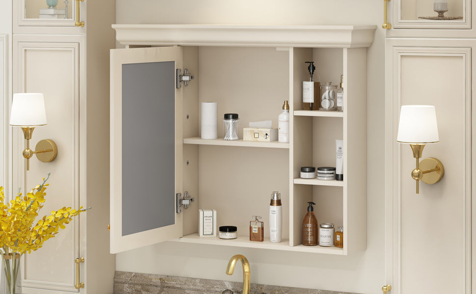 Wall-mounted bathroom storage cabinet with open shelves and mirrored door