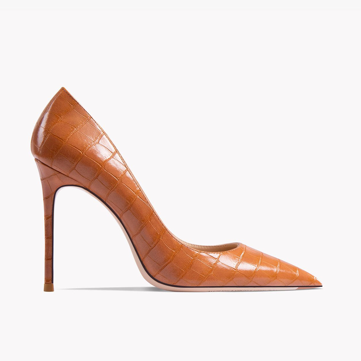 Brown patent leather pointed-toe stiletto pump with thin heel and croc-embossed texture