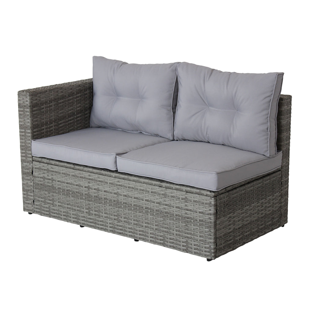 Grey wicker corner patio sofa with light gray tufted cushions, square arm and seat panels