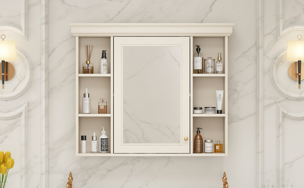 Bathroom wall storage cabinet with mirror door and side shelves, cream cabinet frame