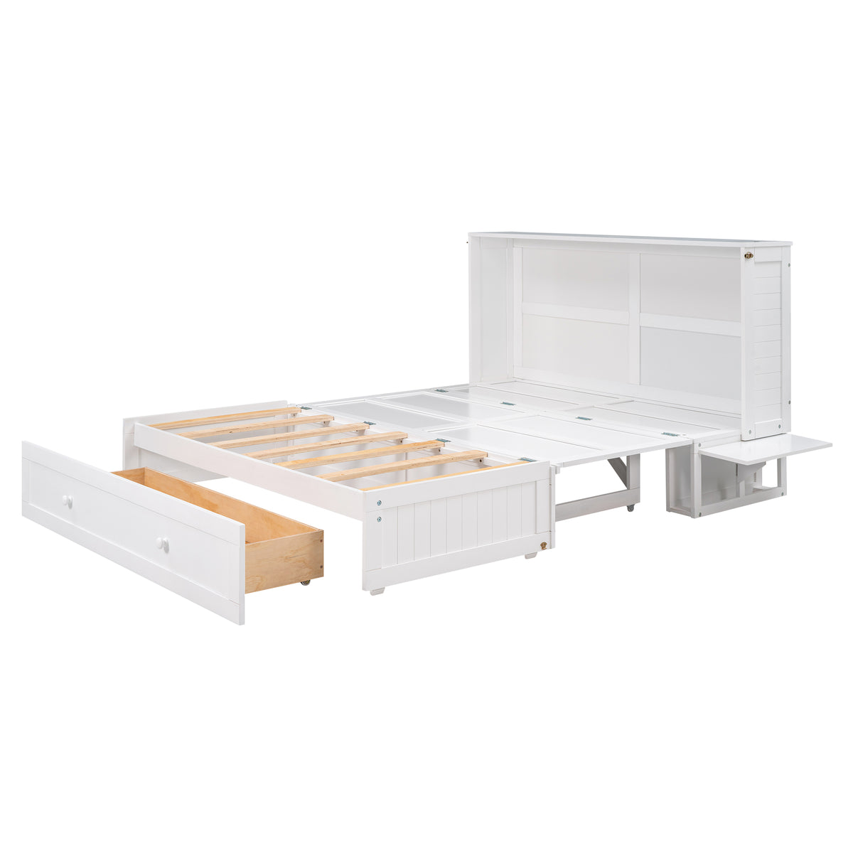 White queen Murphy bed opened with drawer and side shelves, slatted base visible