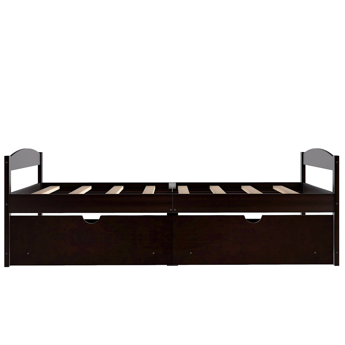 Twin platform bed with two drawers, espresso sides, slatted mattress platform