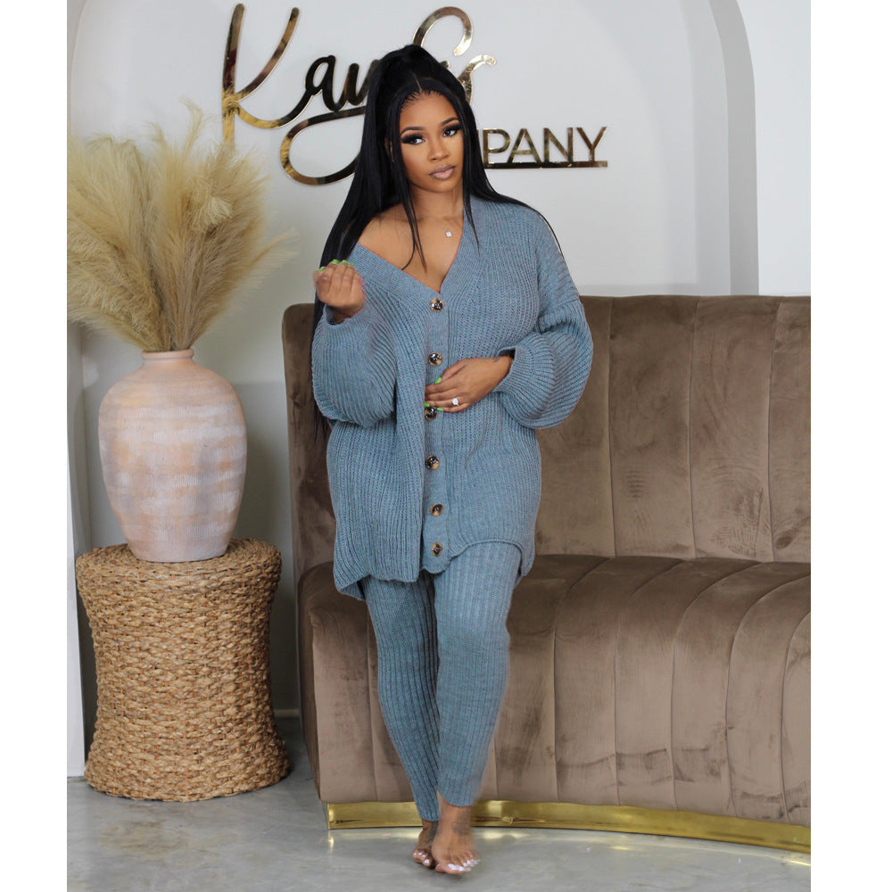 Blue V-neck button cardigan with slim pants set, long sleeves and ribbed knit.