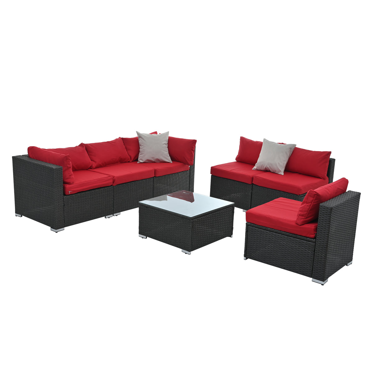 Dark gray woven outdoor sectional sofa set with red cushions, corner seats, and ottoman