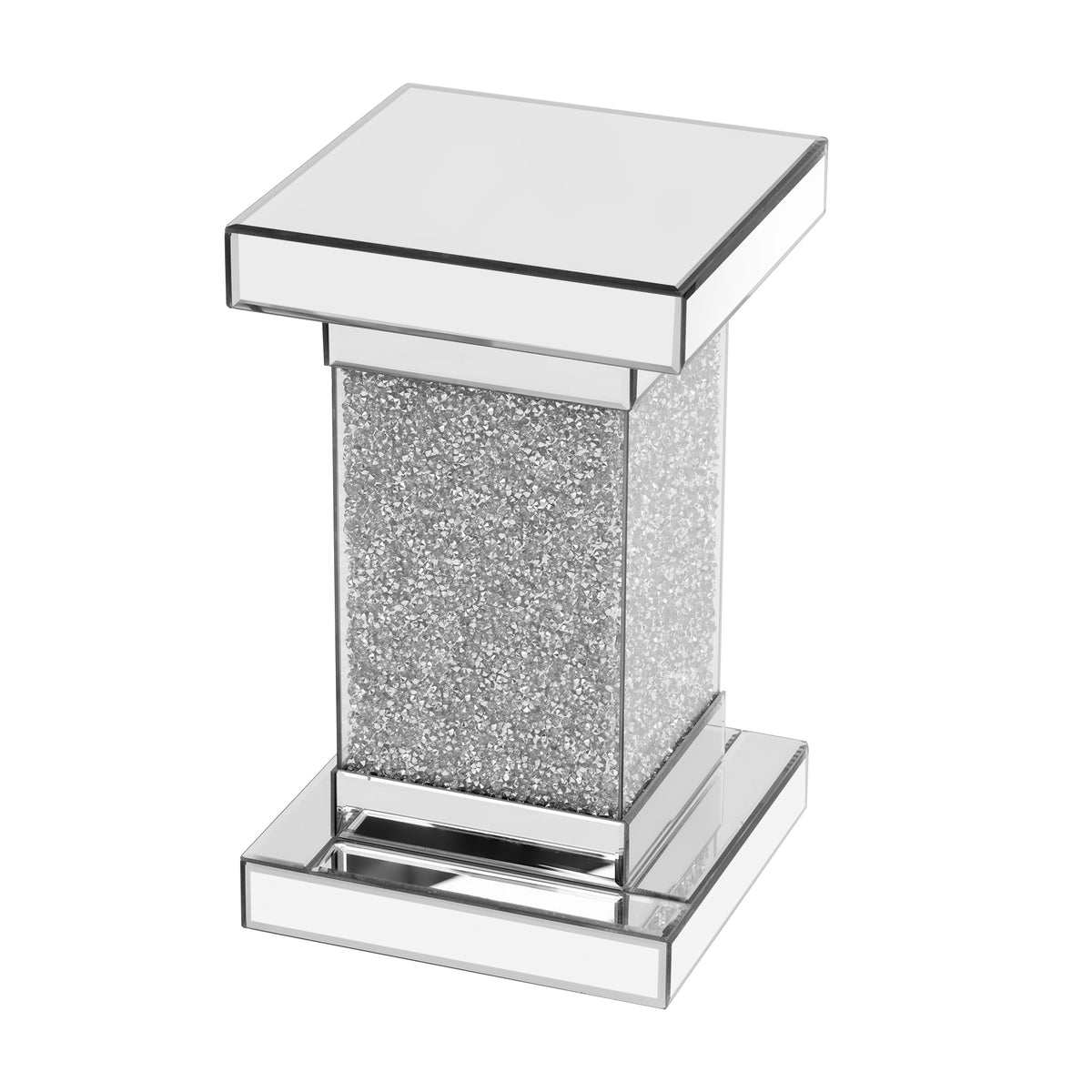 Silver square mirror coffee table with glass top and glitter column base