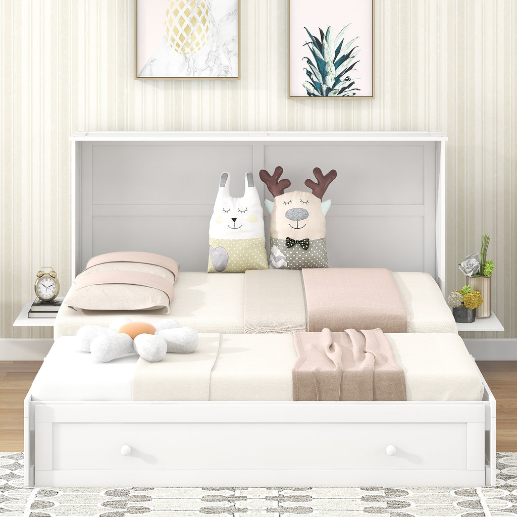White queen Murphy bed with drawer and side shelves, front view with mattress