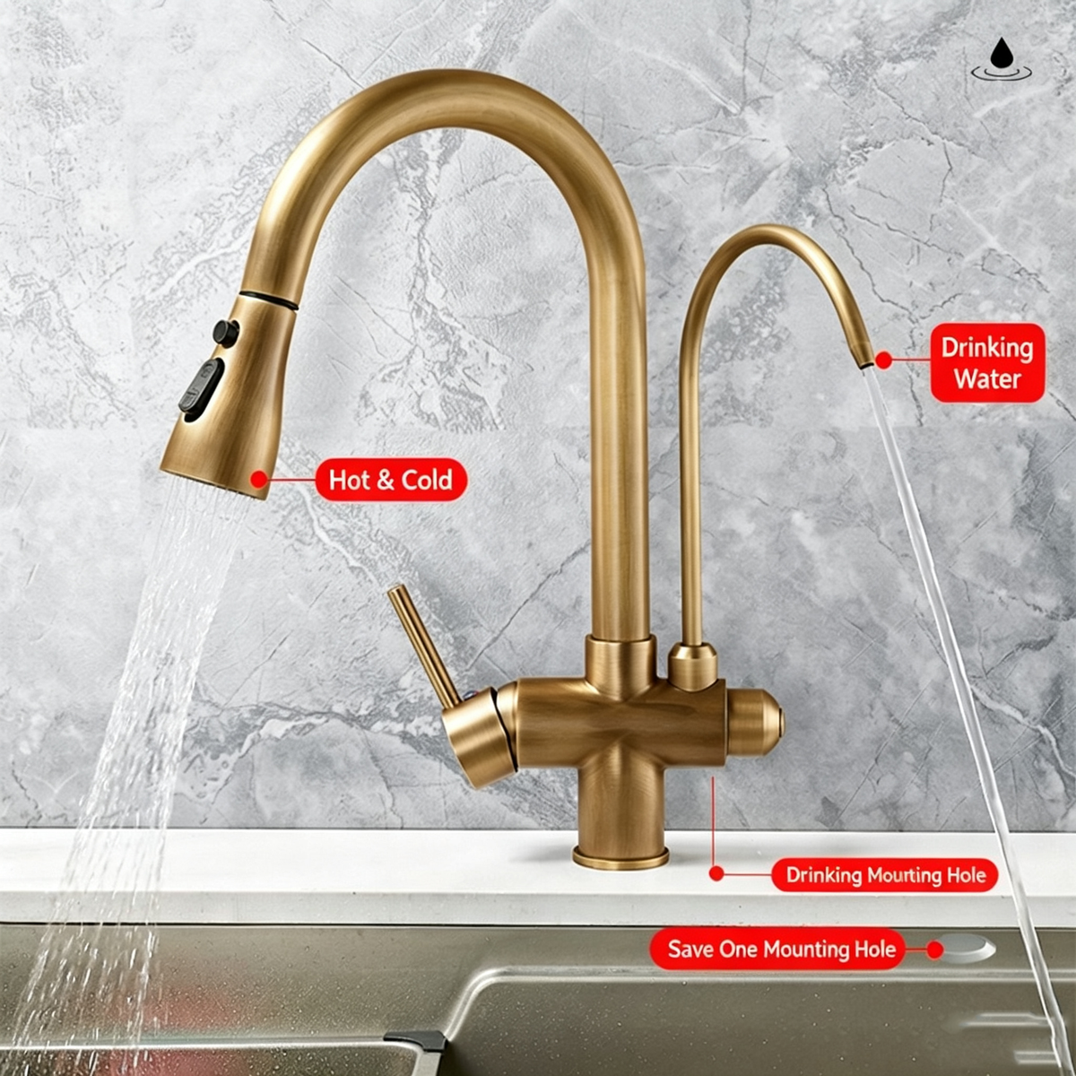 Antique brass 2-spout kitchen faucet with pull-out drinking sprayer and hot/cold controls