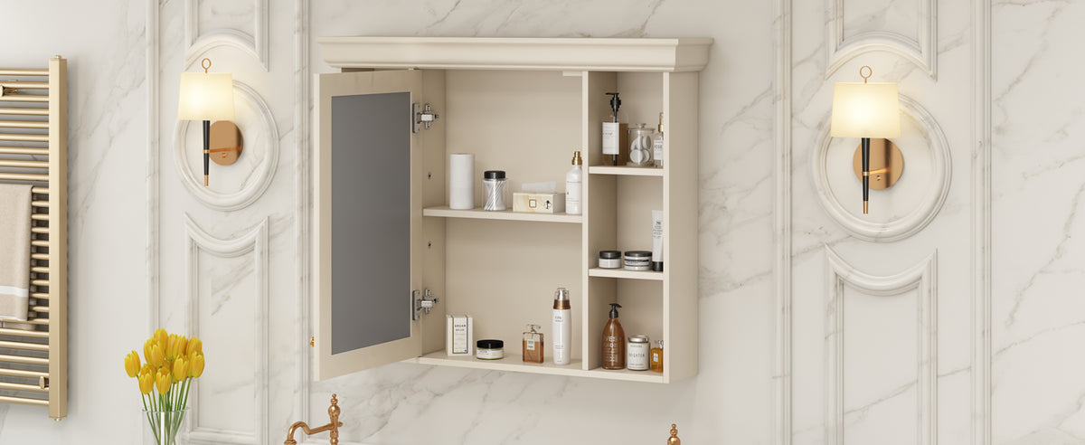 Wall-mounted bathroom cabinet with open mirrored door, shelves with bottles and jars