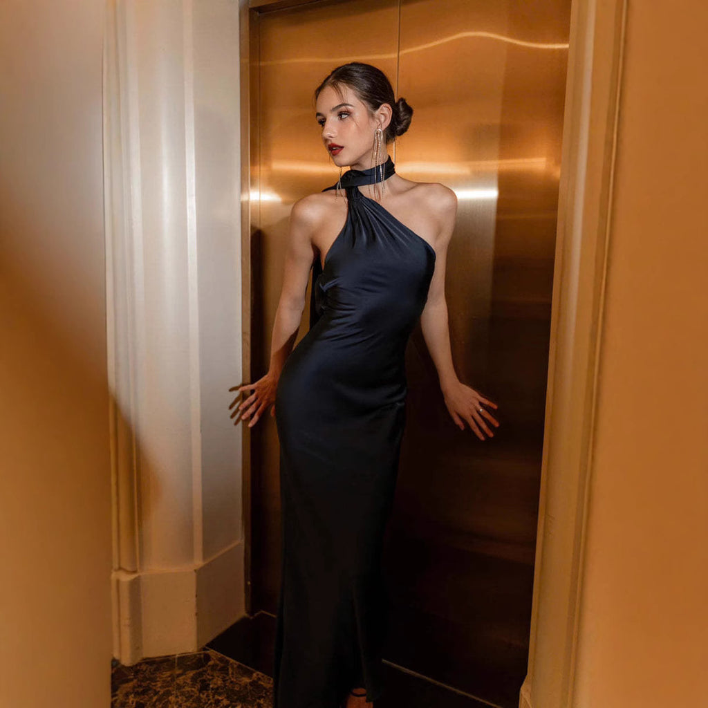 Black satin halter evening dress, fitted floor-length silhouette