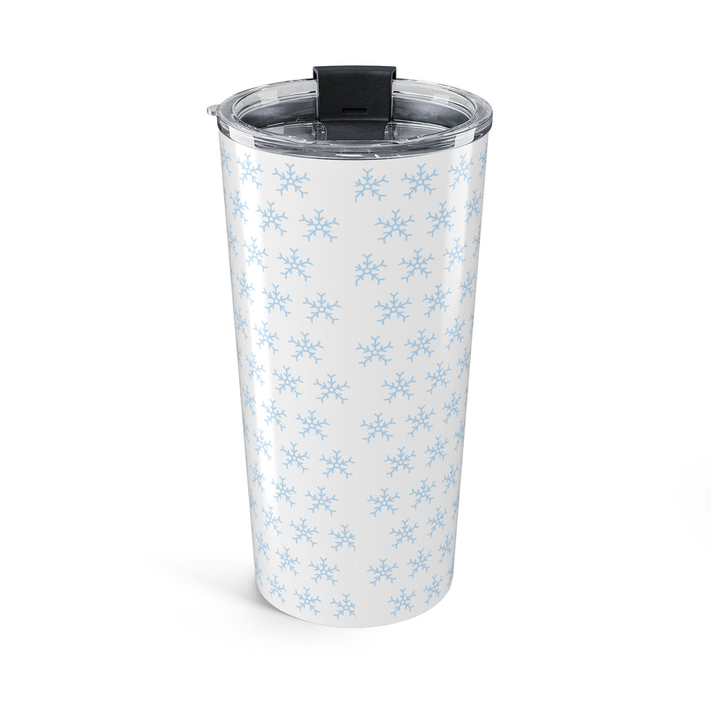20oz insulated tumbler, clear lid with black tab, light blue snowflake pattern