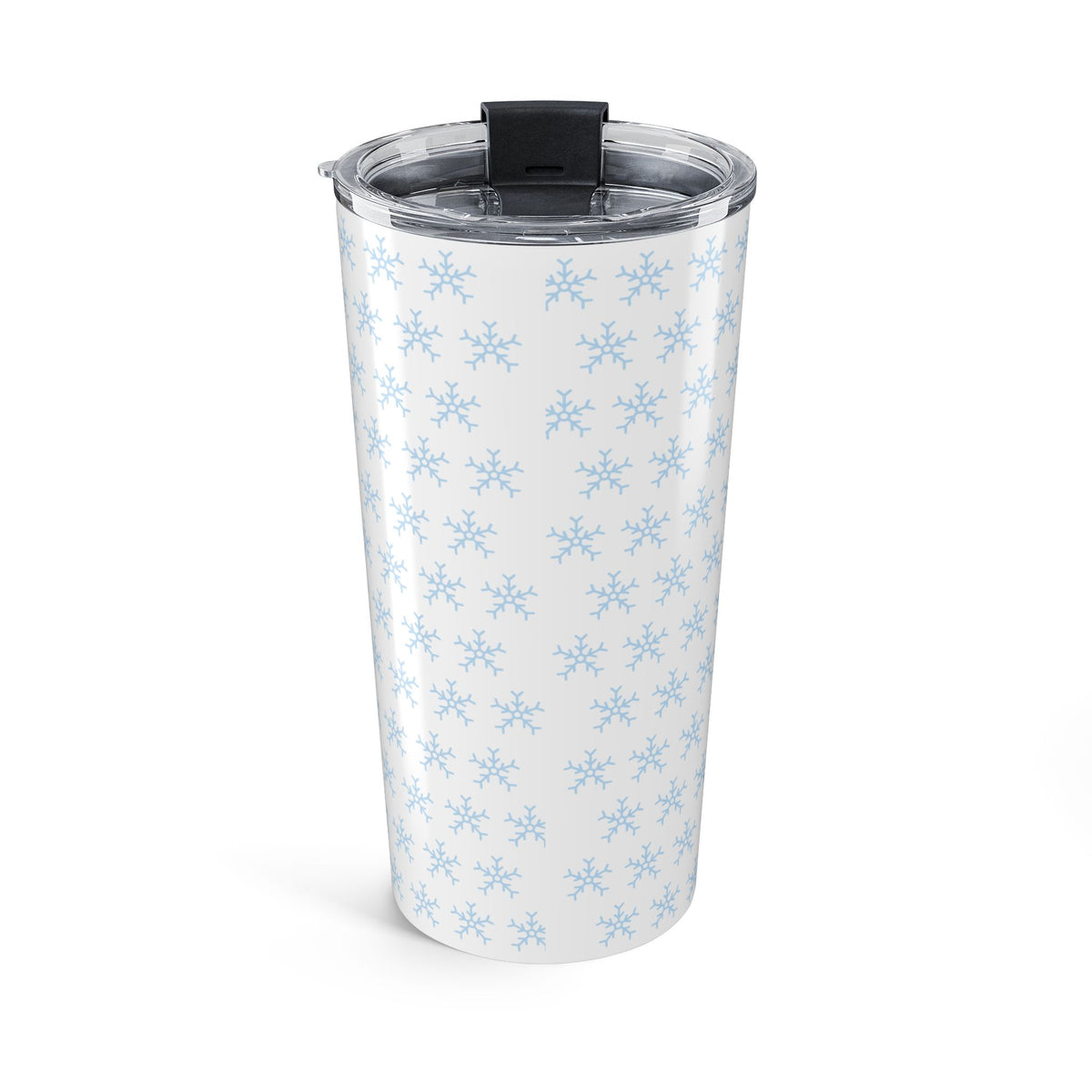 20oz insulated tumbler, clear lid with black tab, light blue snowflake pattern