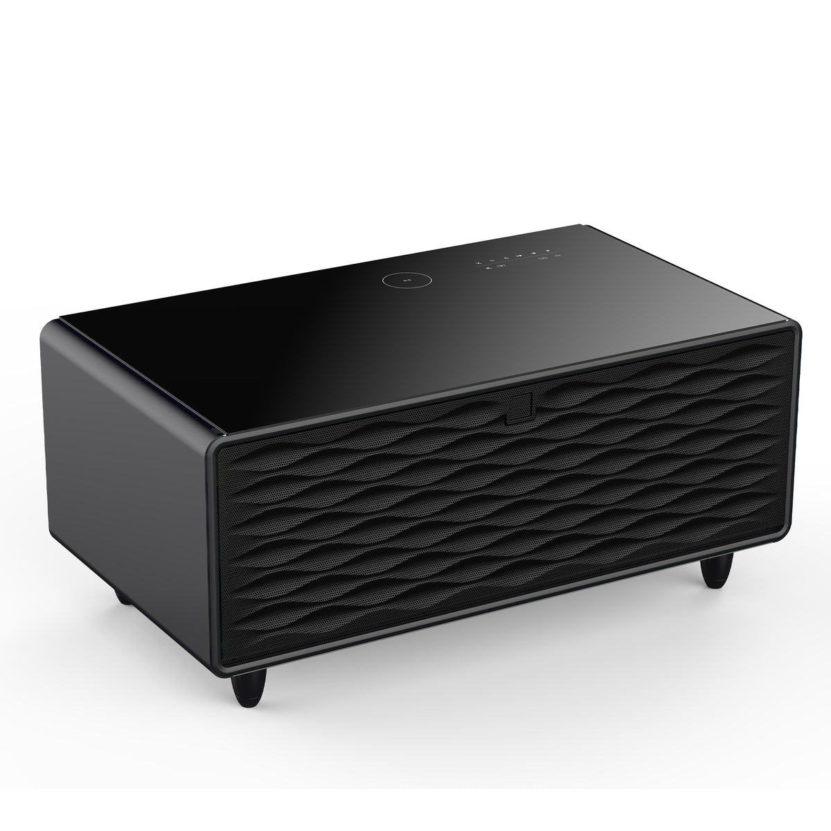 Black smart coffee table with textured front panel, two compartments, and touch controls