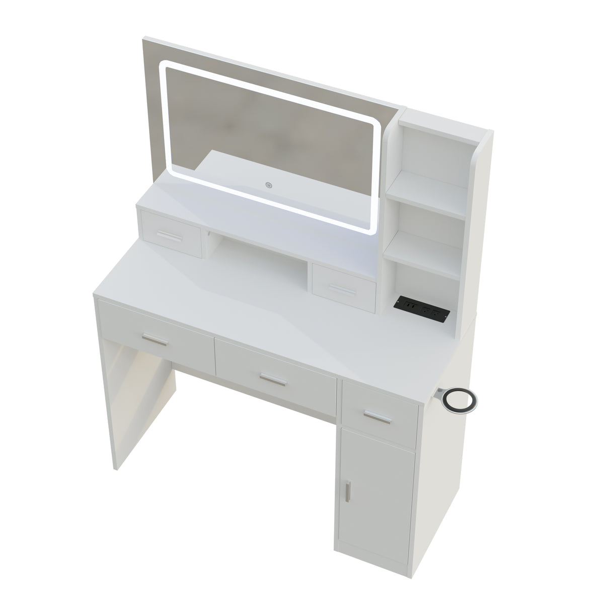 White smart mirror dressing table with illuminated mirror, drawers, and cabinet storage