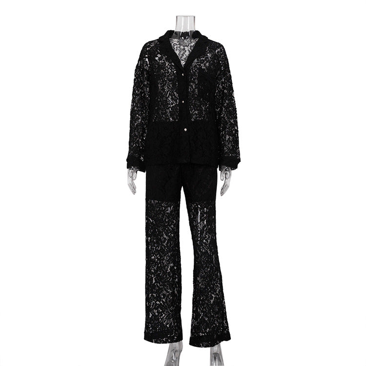 Black lace sheer two-piece shirt and wide-leg pants set on mannequin, front view.