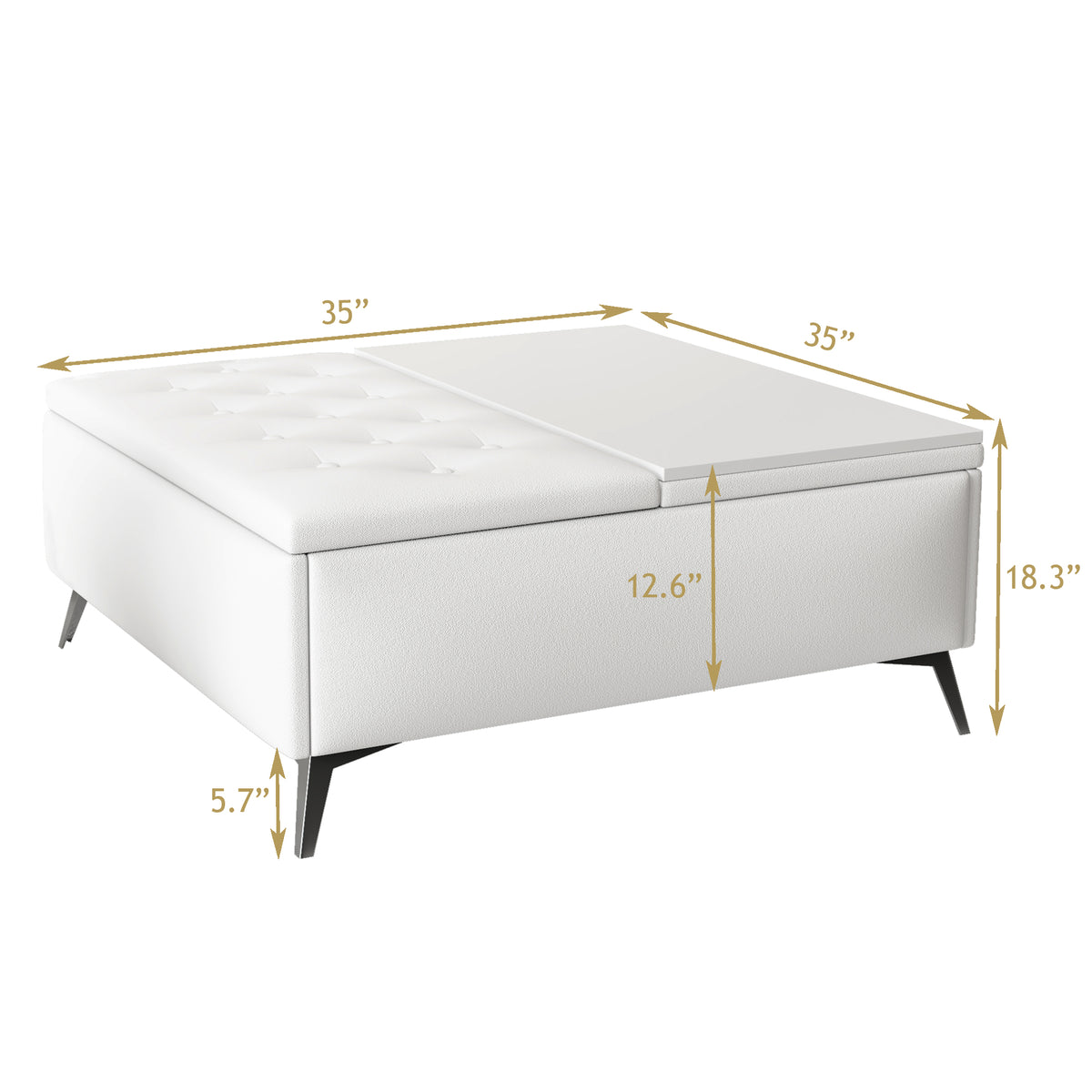 White square storage ottoman with lift lid and tapered metal legs
