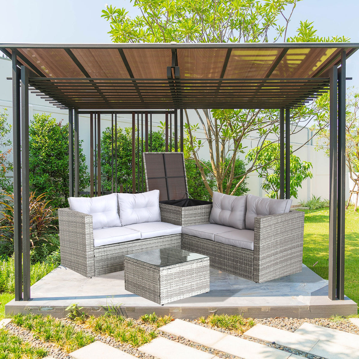 Grey outdoor sectional seating set with white cushions and glass top coffee table