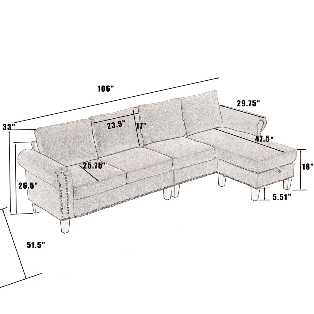 Gray L-shaped sectional sofa diagram with labeled dimensions and height markers