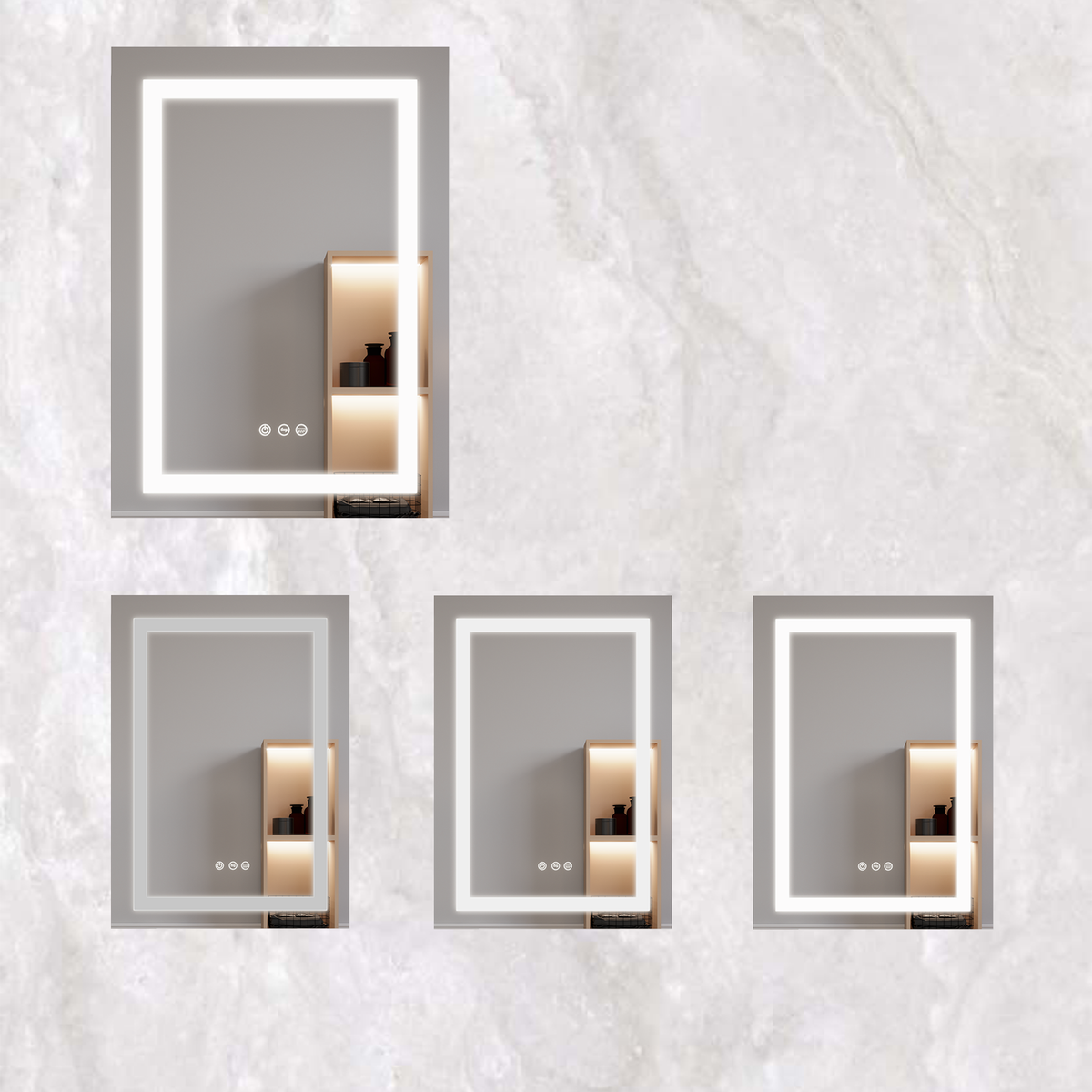 Set of LED mirror medicine cabinet angles with anti-fog glass and silver frame
