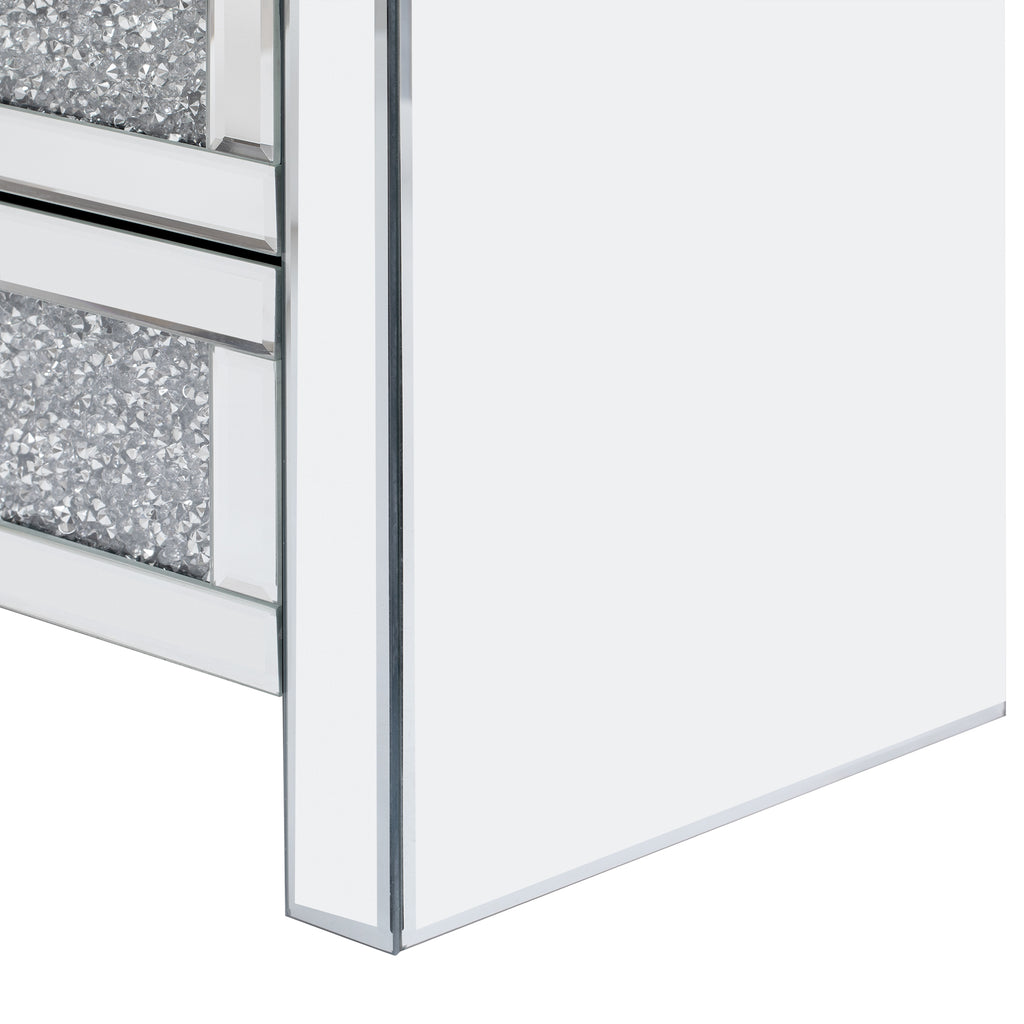 Silver rectangular mirror coffee table with mirrored crystal side panel and metal frame